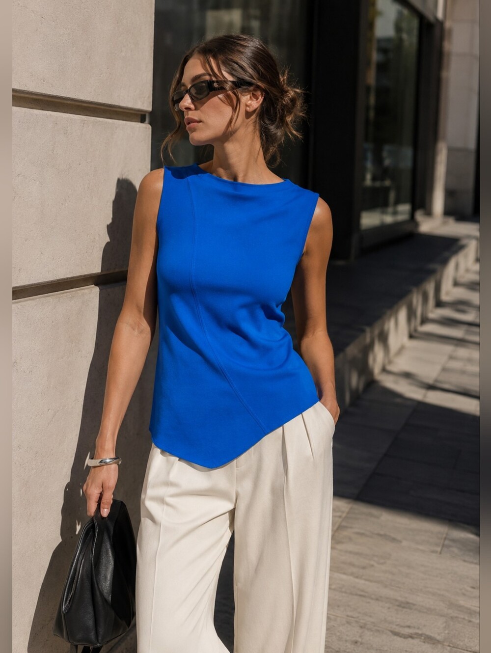 ZARA New Curved Hem Asymmetric Sleeveless‎ Knit Top Royal Blue 8218/707 Sz M